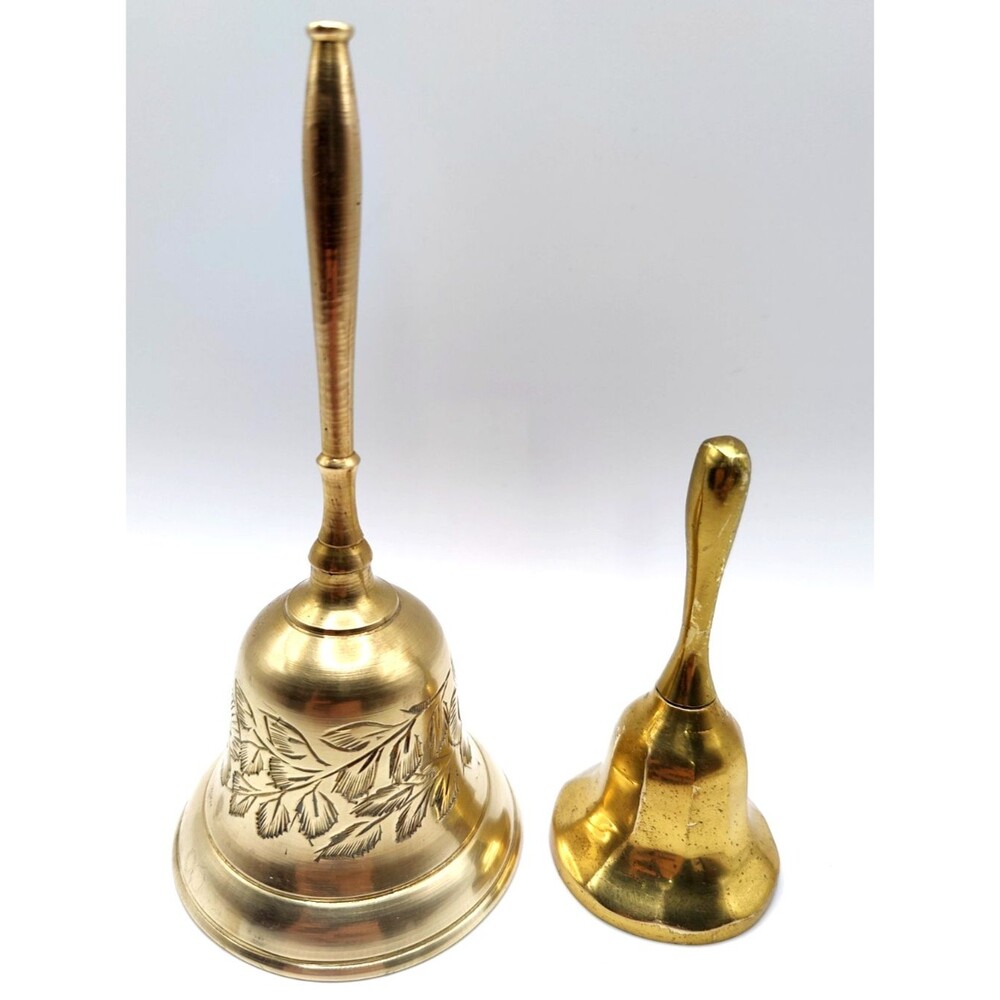 Lot of 2 Vintage Small Decorative Brass Floral Etched Hand Bell - Polished